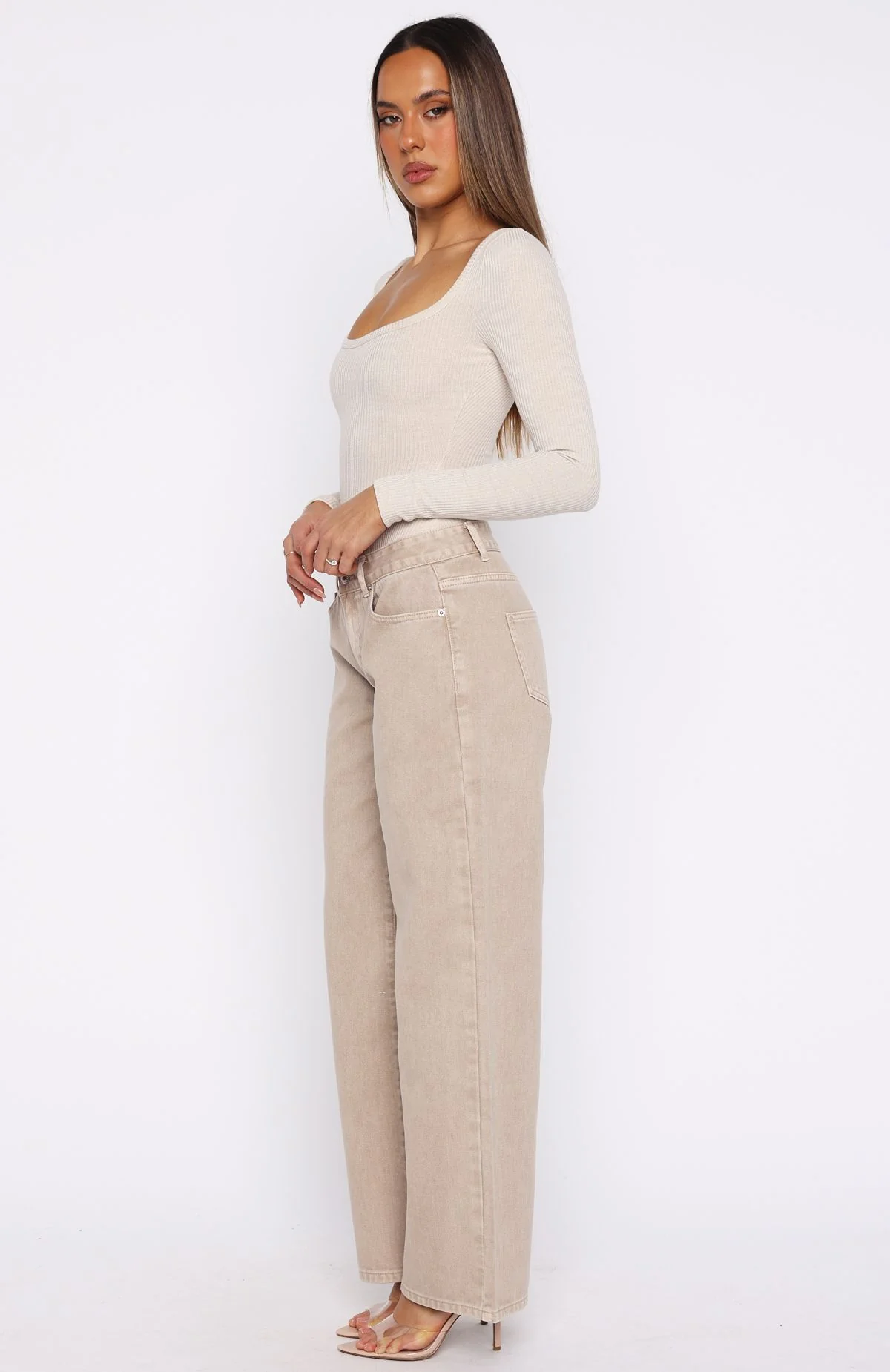Bring The Style Low Rise Wide Leg Jeans Sesame Wash - Image 3