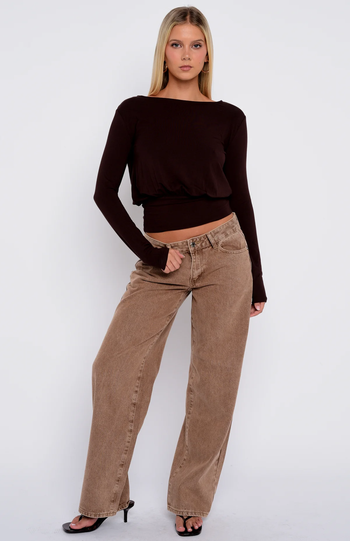 Love On Lock Cinched Waist Long Sleeve Top Chocolate - Image 5