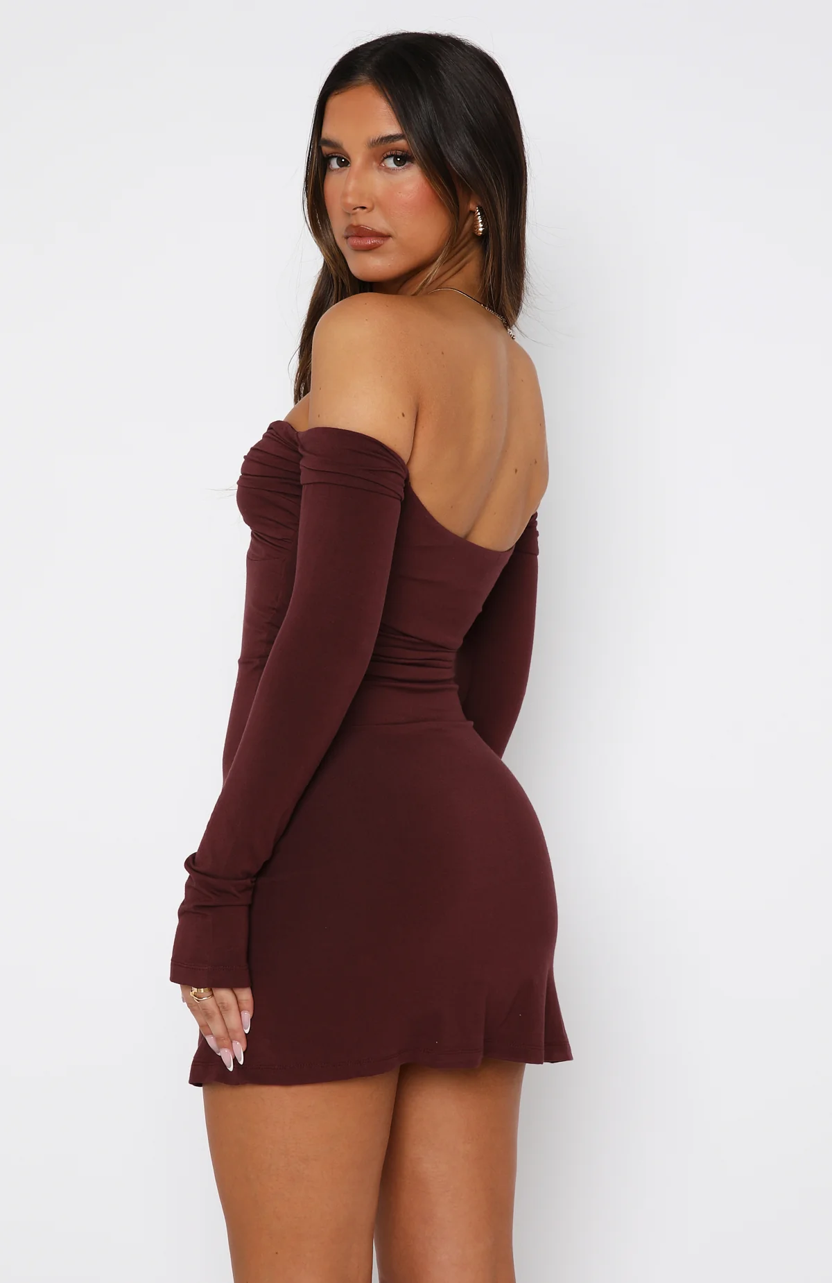 Running Out Of Time Off Shoulder Long Sleeve Mini Dress Chocolate - Image 4